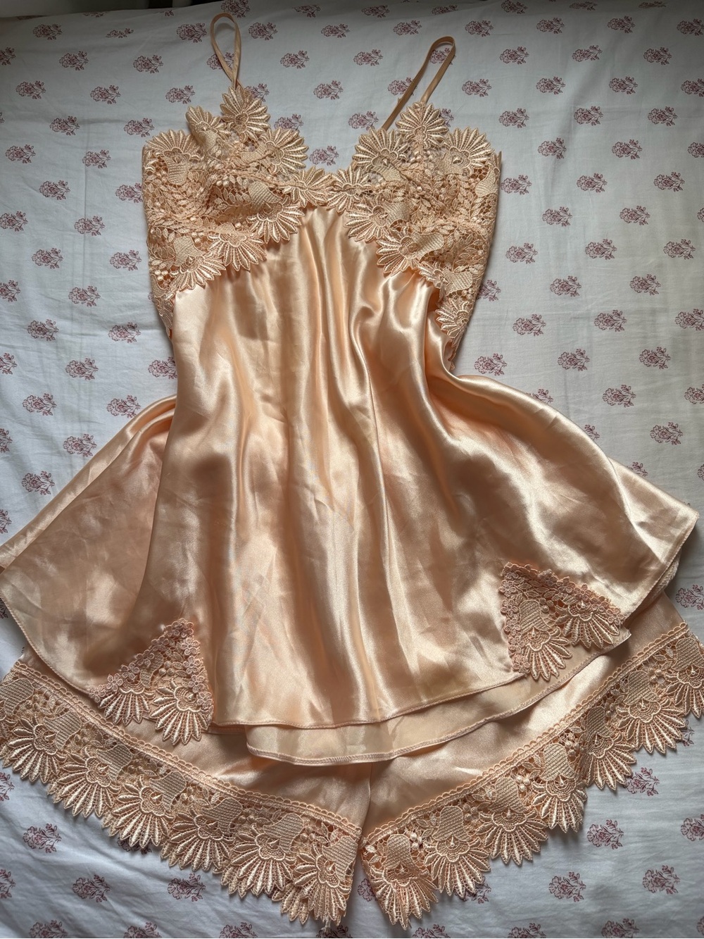 Vintage Rossella Satin Lace Cami Tap Shorts Lingerie Set Blush Peach M
